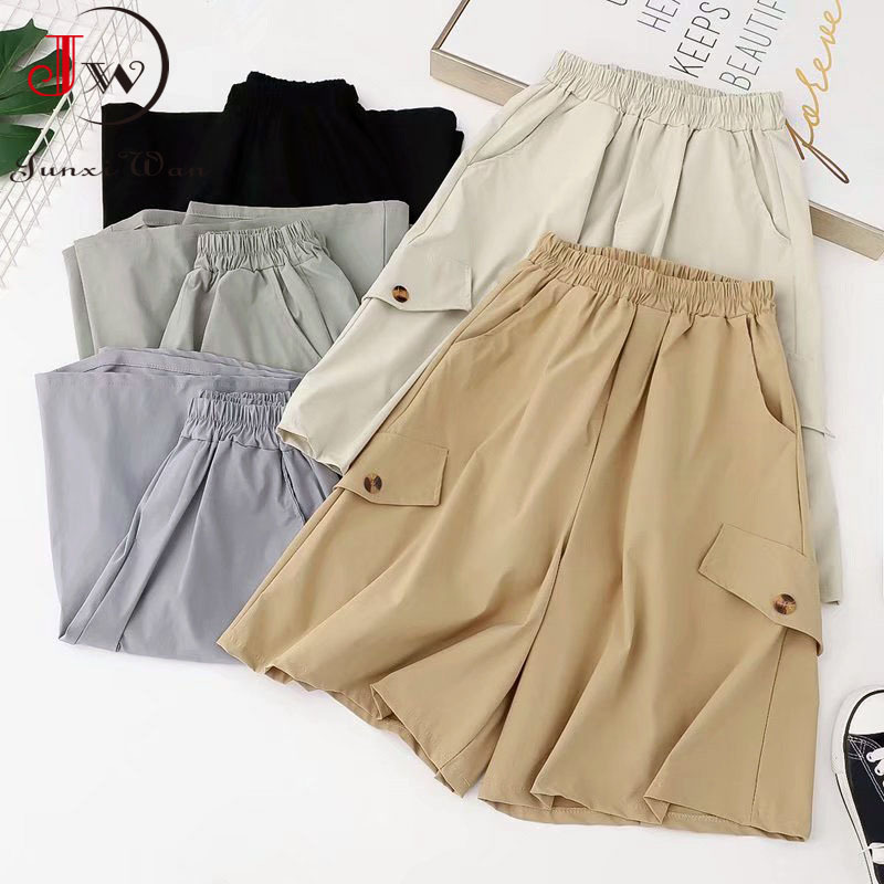 Women Summer Solid Cotton Wide Leg Pants Elastic Waist Loose Korean Casual Knee Length Shorts Skirts Girls Midi Trousers Pocket 210510