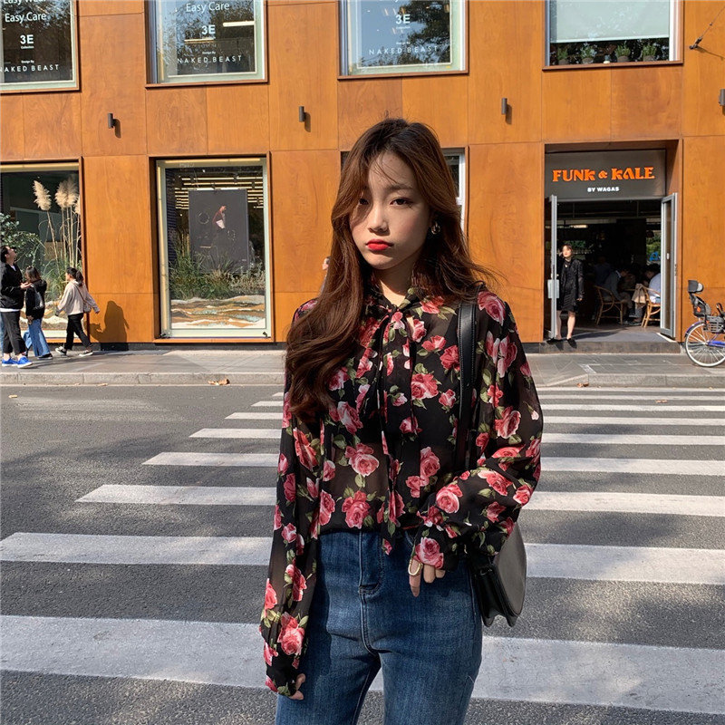 Brief Streetwear Korea Florals Retro All-Match Gentle Print Fresh Arrival Chic Office Lady Basic Shirts 210421