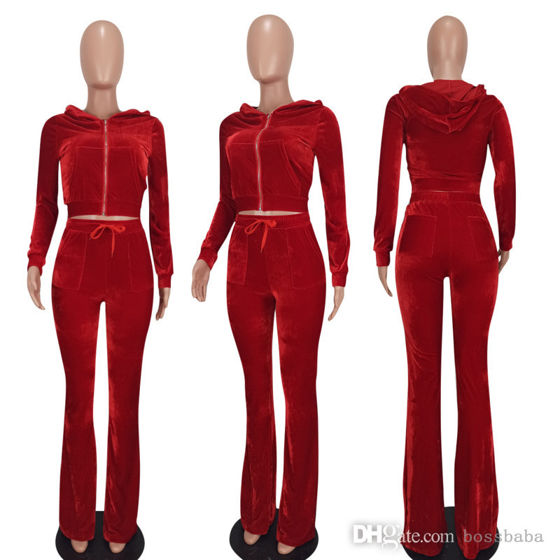 Women Velour Tracksuits Hoodie Sport Two Piece Outfits Pink Velvet Sweatsuits Zipper Pocket Long Sleeve Jacket Bell Wid Leg Pant S5671145