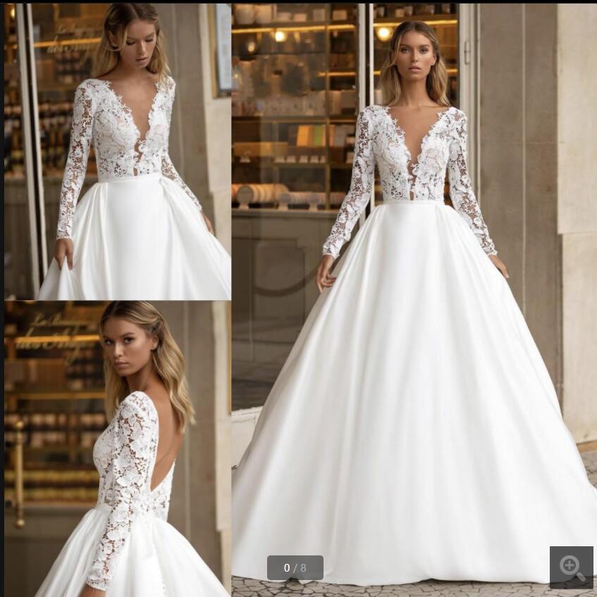 

Robe De Mariee 2021 white lace satin a line wedding dress long sleeve deep v neck backless sexy court train elegant bride dresses south african bridal gowns on sale, Red