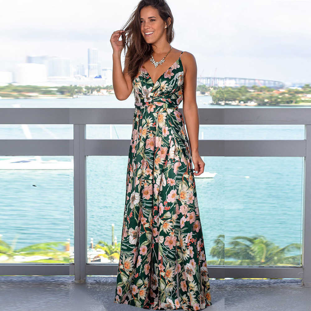 Women Boho Summer Dress Floral Print Sleeveless V-Neck Backless Vintage Maxi Spaghetti Strap Party Long Beach Sundress 210526