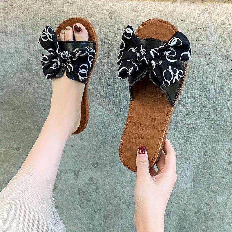 Slippers Women 2021summer Fashion Fairy Style Bow Flat Casual Sandals A751, Beige