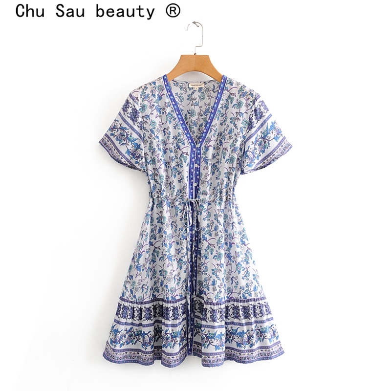 beauty Fashion Boho Style Floral Print Midi Dress Women Holiday Chic V-neck Single Breasted Summer Dresses Female 210514
