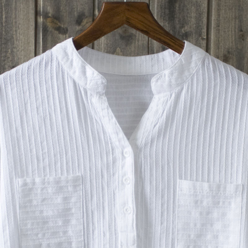 Autumn Women Shirt Long Sleeve Loose V-neck White Blouse Double Pockets Casual Ladies Blouses 100% Cotton Shirts Tops D76 210512