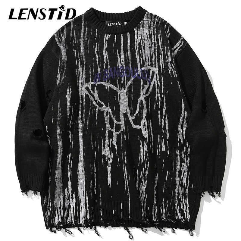 LENSTID Men Hip Hop Knitted Jumper Sweaters Butterfly Ink Graffiti Streetwear Harajuku Autumn Oversized Hipster Casual Pullovers 210818