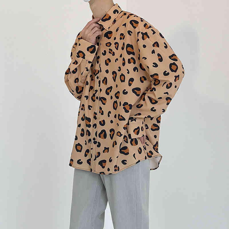 IEFB Spring Leopard Printting Shirt Men's Loose Ins Korean Streetwear Fashion Long Sleeve Lapel Shirts Clothing 9Y6974 210524