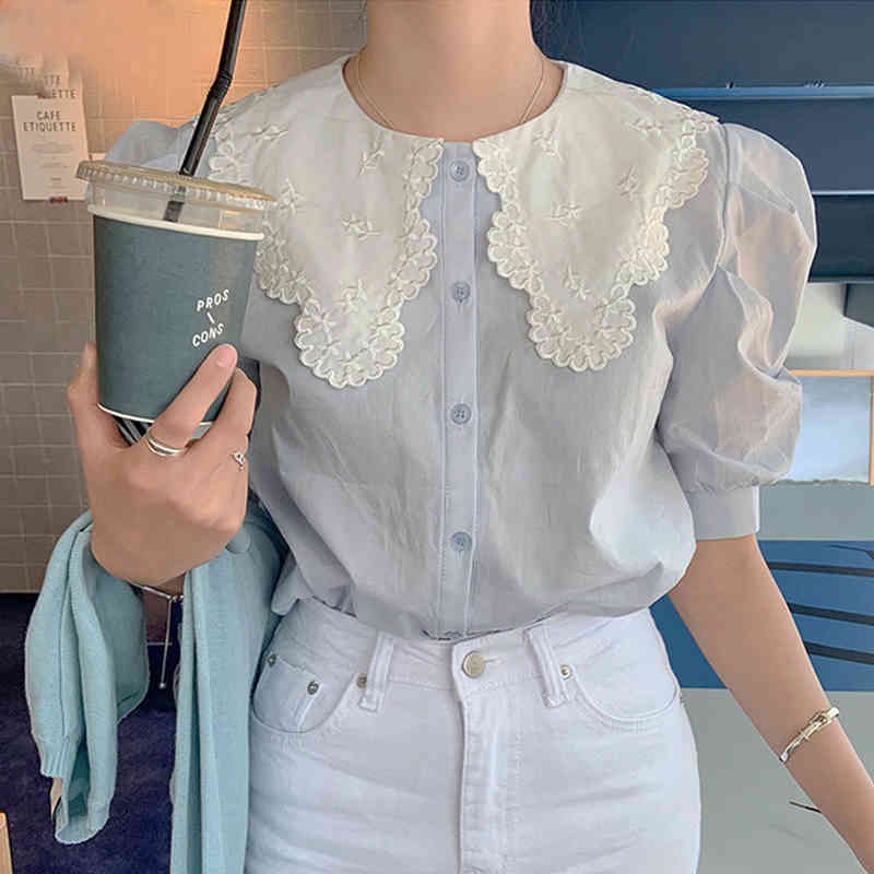 Single Breasted Short Sleeve Summer Blouse Sweet Peter Pan Collar Shirts Women Fashion Loose Blue Shirt Female Clothing 13846 210508