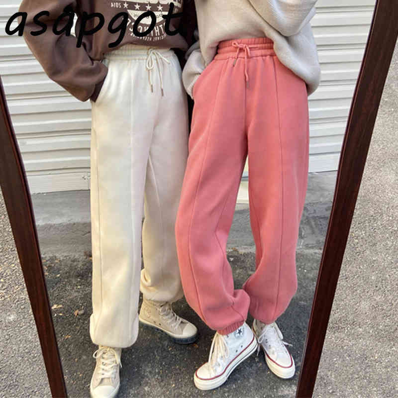 Autumn Winter Thick Cotton Fleece Joggers Sweatpants Loose Wild High Waist Solid Plus Size White Harem Pants Women Casual Chic 210429