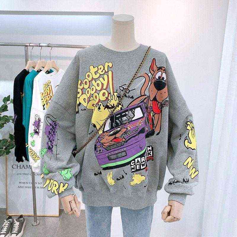 Women Hoodies Autumn Funny Cartoon Car & Dog Print Sweatshirt Oversized Streetwear Sweatshirts Hip Hop Cool Pullover Tops 211108