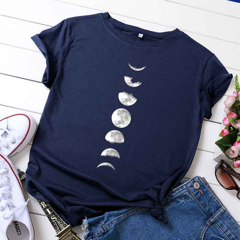 JCGO Summer T Shirt Women 100% Cotton Moon Planet Space Print Plus Size S-5XL O-Neck Short Sleeve Fashion Casual Tee Tops 210406