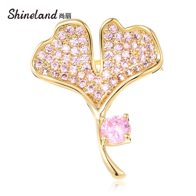 Pins, Brooches Shineland Pin Brooch Leaves Fashion Jewelry Pink White Rhinestone Crystal Shirt Collar Women Autum Collection Elegant