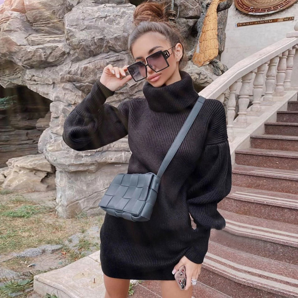 Free Autumn Elegant Loose Sweater Dress Women High Neck Lantern Sleeve Mini Club Party es Vestidos 210524