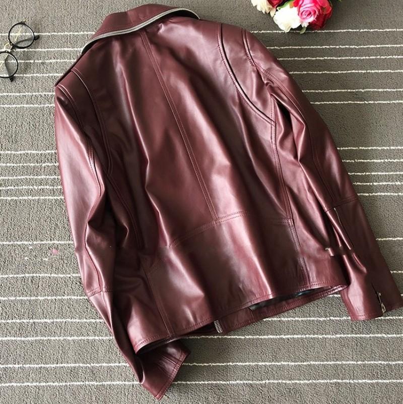 Leather Autumn Genuine Motorcycle Short Jacket Women Fashion Wine Red Sheepskin Coat Streetwear Turn Collar Vintage Punk Jackets Women's & F