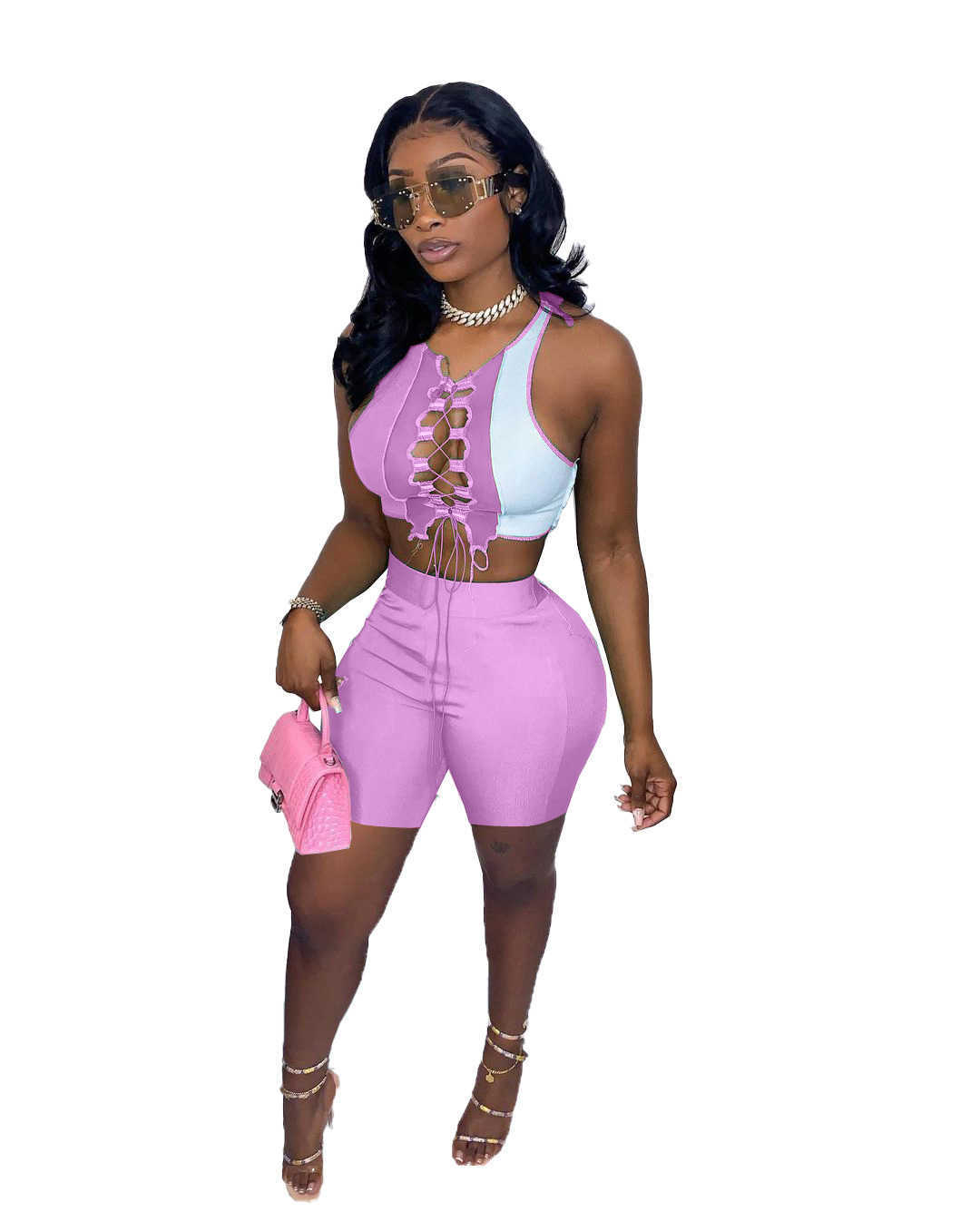 Women Designers Clothes 2023 tracksuits for summer sport suits color contrast splicing strap hollow out two piece suit