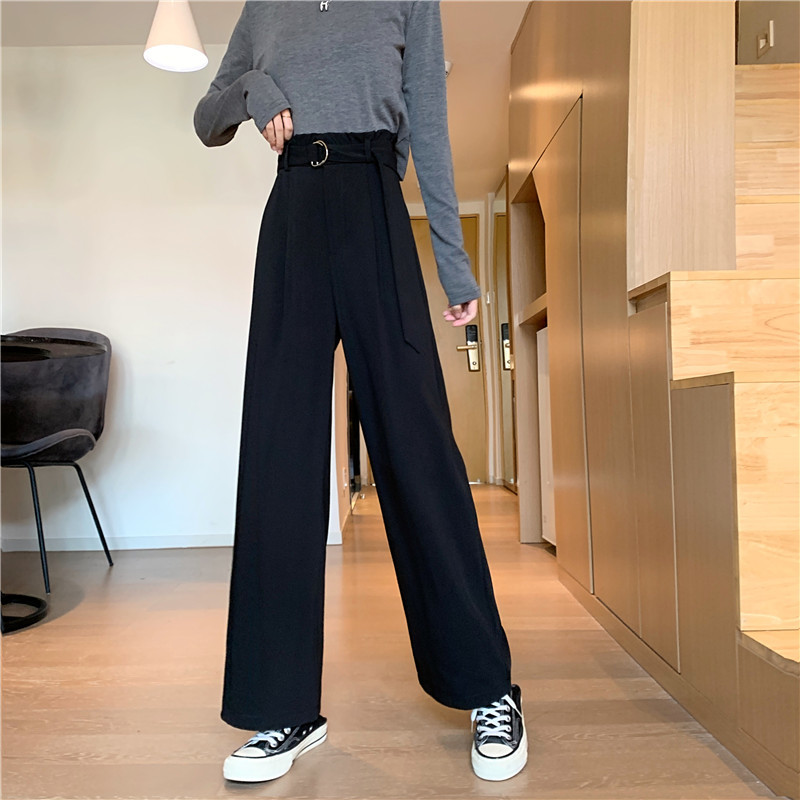 Nomikuma Autumn New Korean Suit Pants Belt High Waist Long Women Trousers Causal Solid Wide Leg Pants Feminimos 6C113 210427