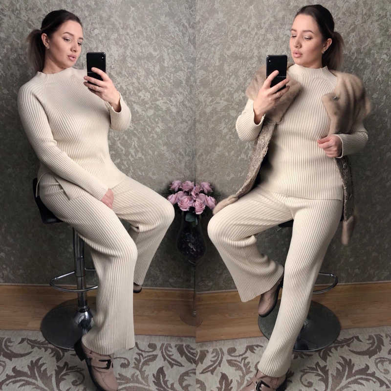 Autumn Winter Outfits Knitted 2 Pieces Set Women Casual Sweater Pullover Top + Wide Leg Pant Set Trousers Womens Suit Plus Size Y0625