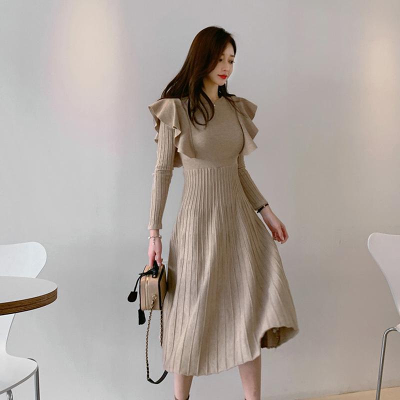 Casual Dresses Women Knitted Sweater Dress Autumn Winter Long Sleeve Elegant Ruffles Slim Waist Lace-up A-line Knit Female JK401