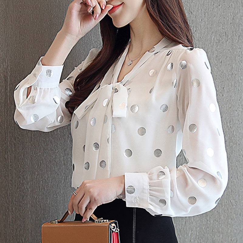 Blouse women spring white long sleeve shirts for tops bow chiffon blouse Polka Dot V-Neck blusas femininas 7960 50 210427