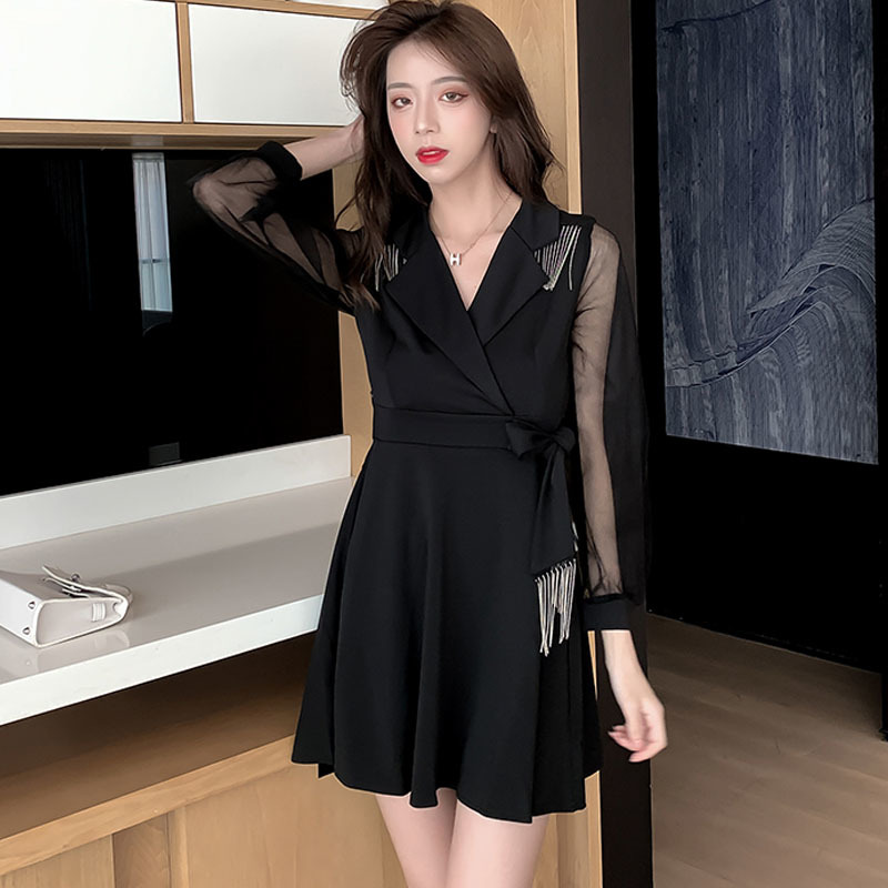Korean Solid Empire Mini Sexy Dress Women Tassel Bow Party Winter A-Line Long Sleeve Office Ladies es Vestidos 12558 210427