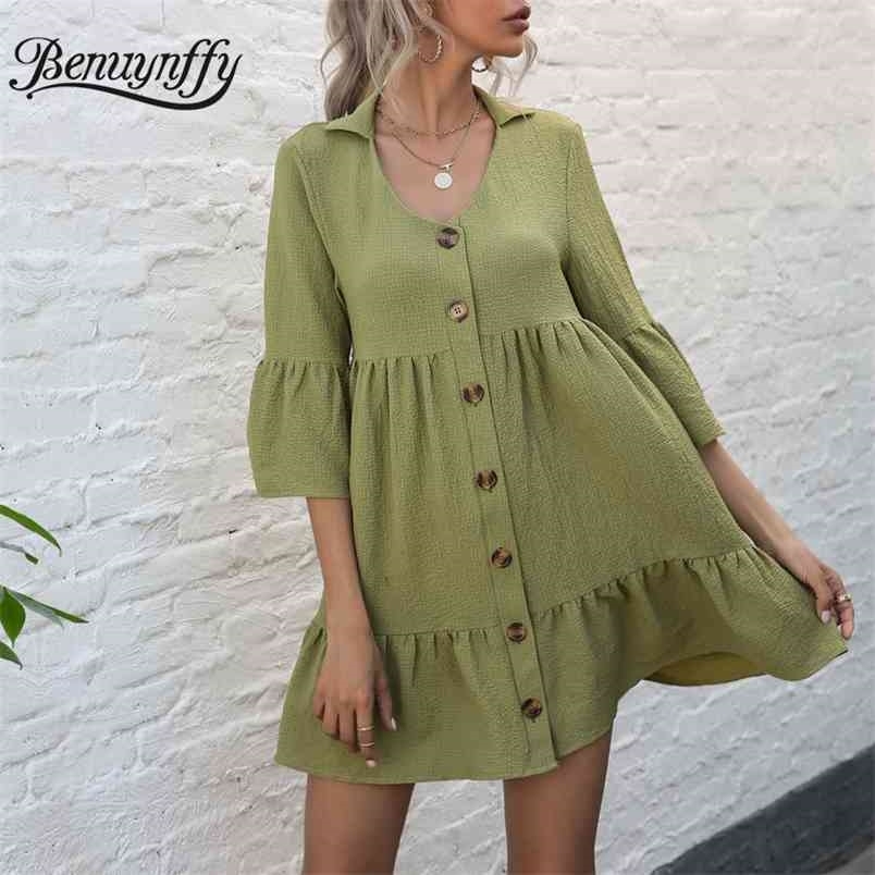 Turn-down Collar Loose Shirt Dresses for Women Summer Half Sleeve Single Breasted Solid Casual Shirred Mini Dress 210510