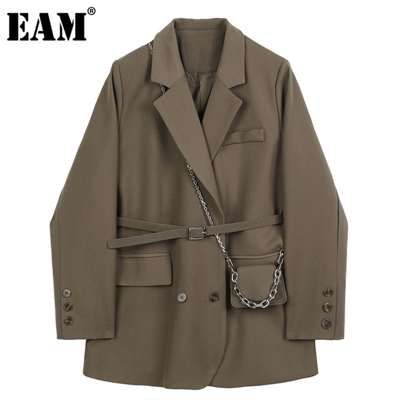 [EAM] Women Brown Pocket Big Size Blazer Lapel Long Sleeve Loose Fit Jacket Fashion Spring Autumn 1DB850 211122