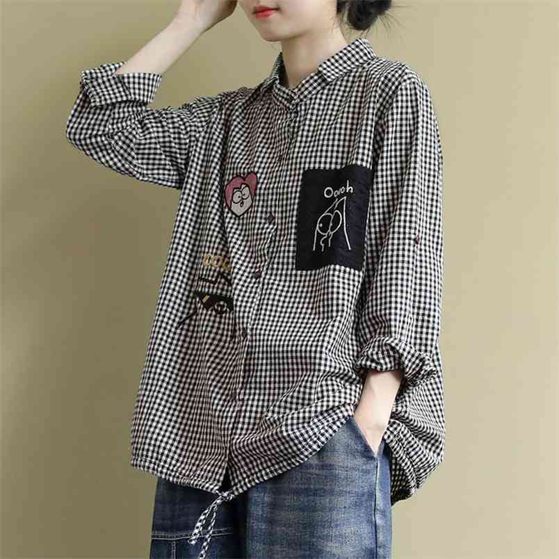Spring Arts Style Women Long Sleeve Loose Shirts all-matched Casual Plaid Turn-down Collar Blouses Blusa Feminina S611 210512