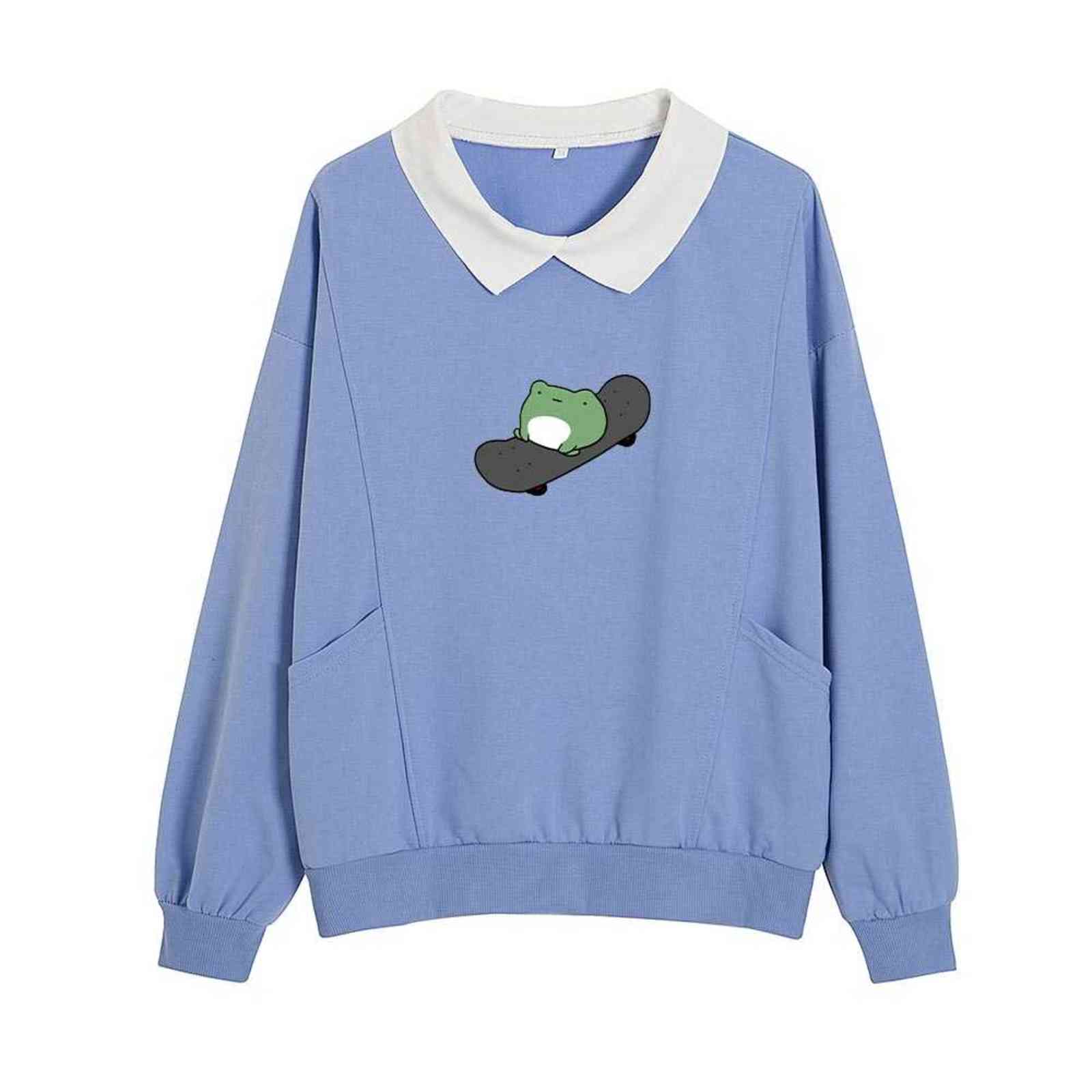 Kawaii Skateboarding Frog Hoodie Oversized Sweatshirt Sweet Turn-down Collar Hoodies for Women Clothes Female Korean Sweatshirts 211108