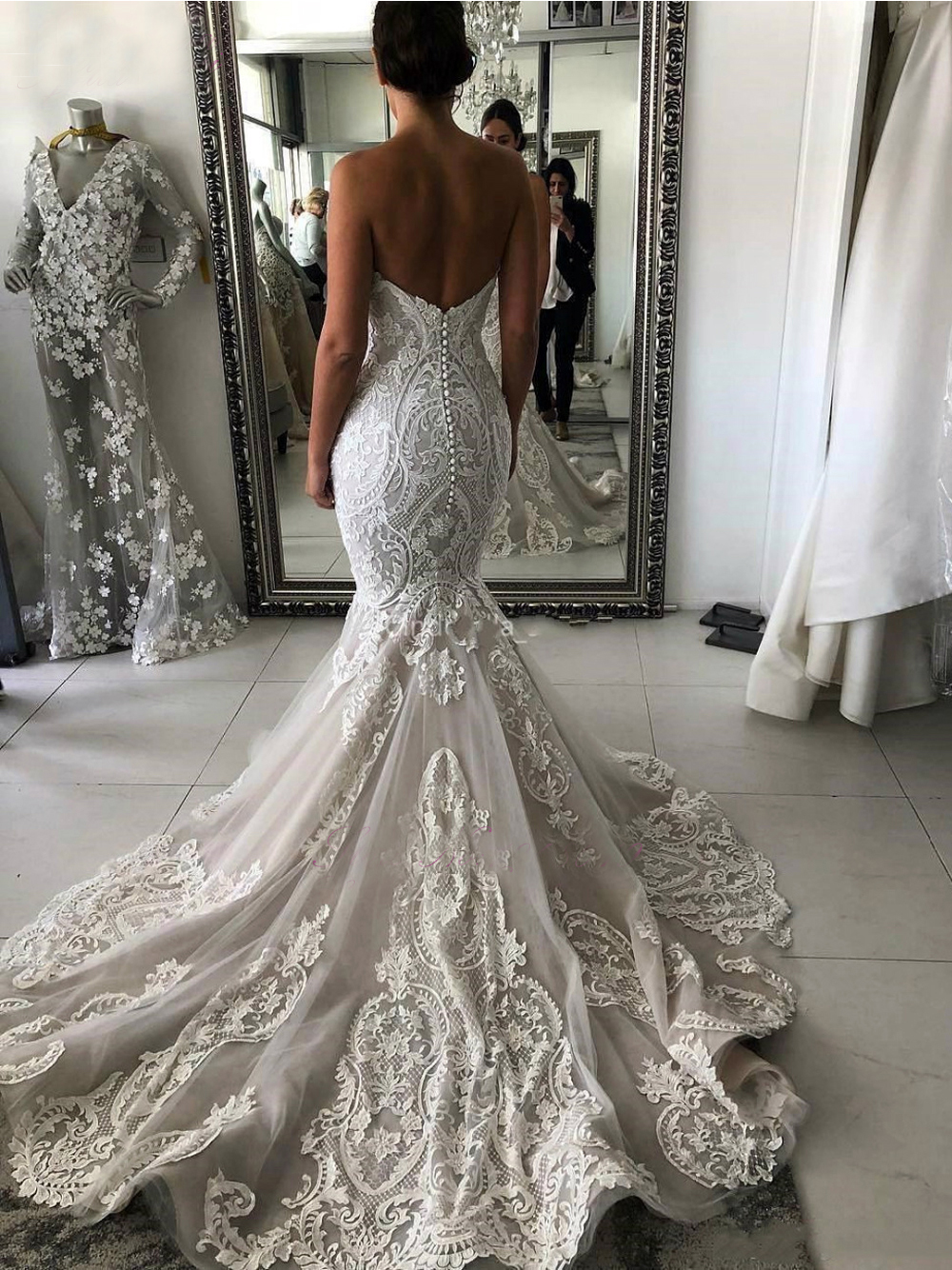 Gorgeous Mermaid Wedding Dress Sweetheart Neck Dubai Design Lace Appliques Backless Formal Party Gowns vestidos de novia