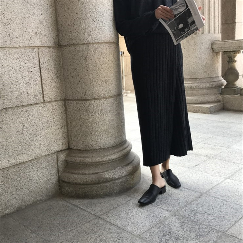 Minimalist OL Elegant Solid Split Long Skirts Elastic High Waist Slim Knitted Office Lady Female Women 210421
