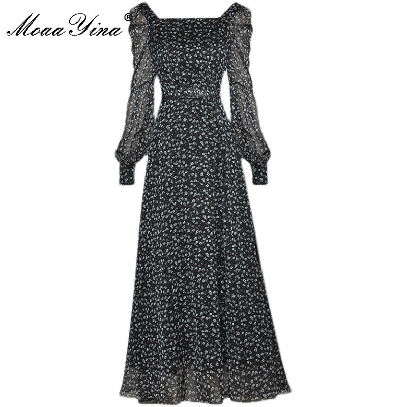 Summer Runway Black Dress Women's Square Collar Lantern sleeve Floral print Long Chiffon Party Gown 210524
