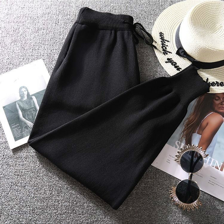 Nomikuma Autumn Winter Sweater Pants Lace Up Stretch High Waist Ankle Trousers Korea Causal Solid Women Sweater Pants 6D023 210427