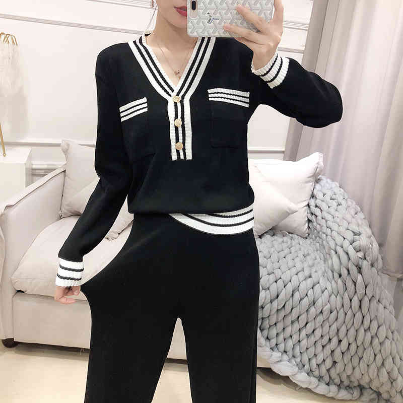 Autumn Fashion Knitting Female Sweater Pants For Women Two Piece Set Knitted Pullover V-neck Long SleeveTop Wide Leg 210506