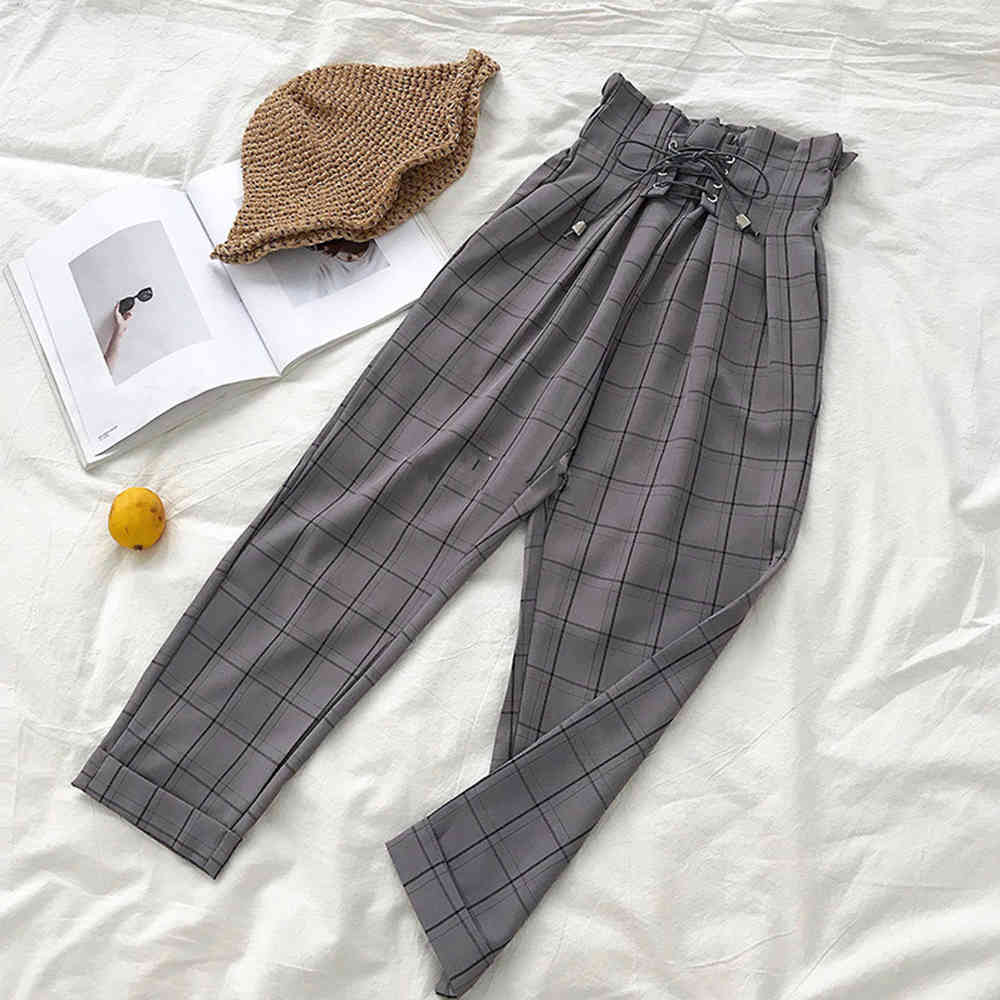Japanese Harajuku Casual Pants Women Fashion Lace Up High Waist Ankle Length Loose Plaid Harem 210428