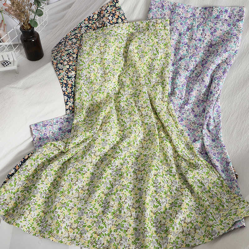 Floral Purple Print Ruffle Pleated Long Skirts Summer Women Korean Style Streetwear Drawstring Elastic Waist Midi Skirt 210621