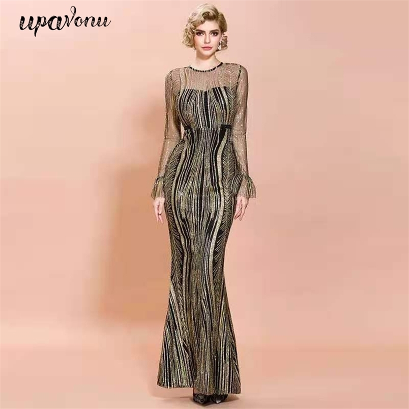 Free High Quality Women Elegant Shiny Long Dresses O-neck Sleeve Bodycon Dress Club Runway Party Vestidos 210524
