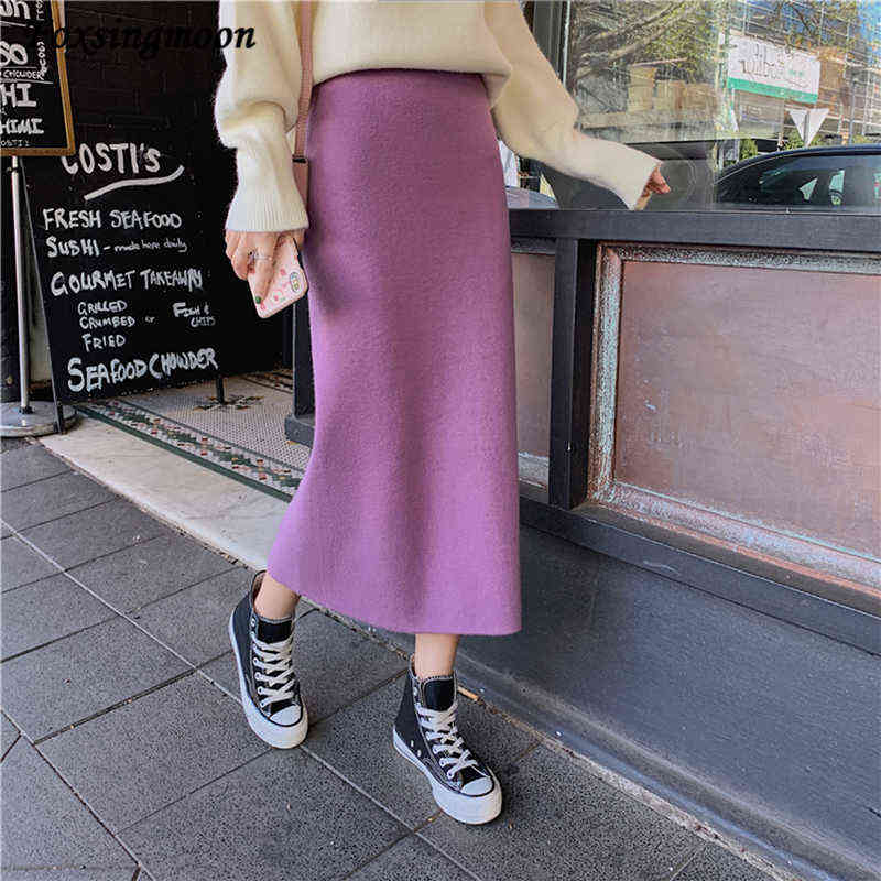 High Elastic Waist Women Long Skirt Knitted Pencil Skirt Wool Autumn Split Skirts Female Black Winter Solid Knitting One-step 211119