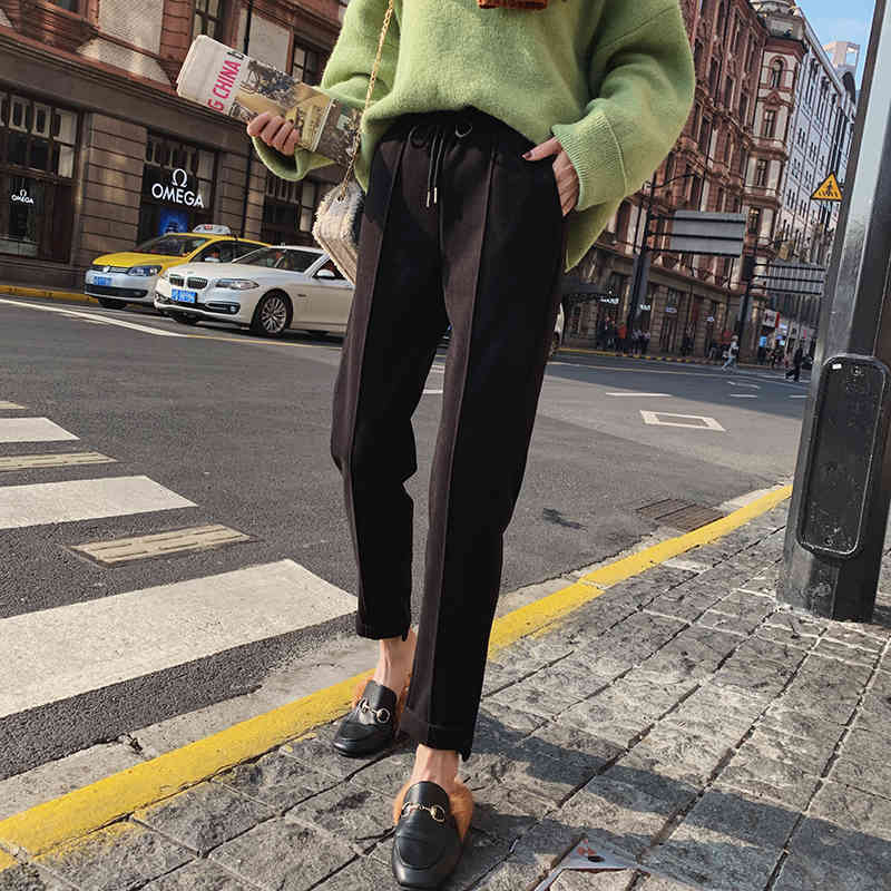 Thick Warm Casual Woolen Elastic Waist Women Pants Autumn and Winter Loose Korean Female Long Trousers 7281 50 210417