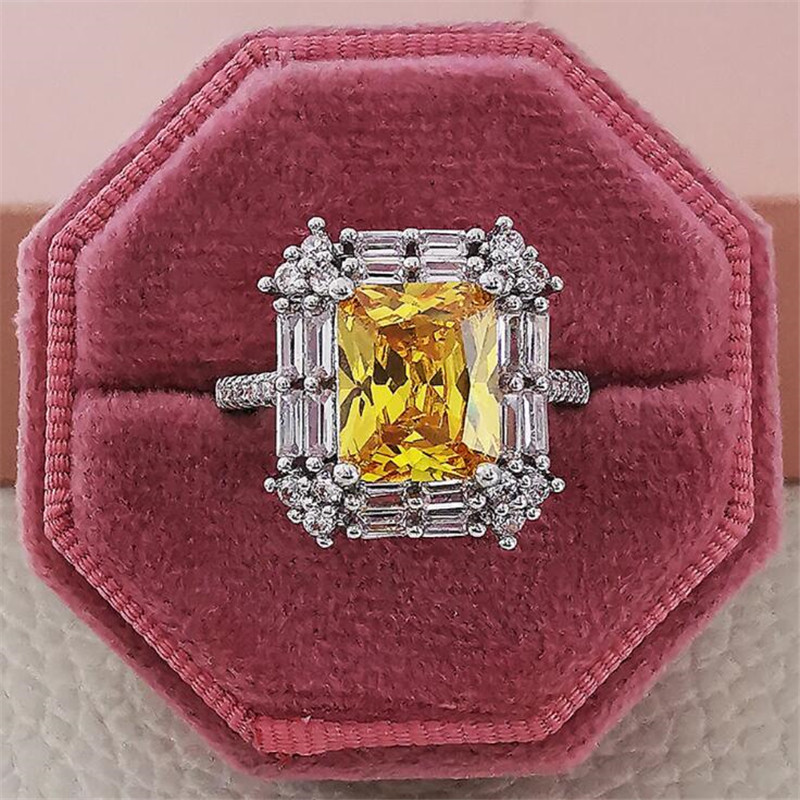 2022 Ins Top Sell Wedding Rings Luxury Jewelry 925 Sterling Silver Princess Cut Yellow Topaz CZ Diamond Gemstones Eternity Women Engagement Band Ring 