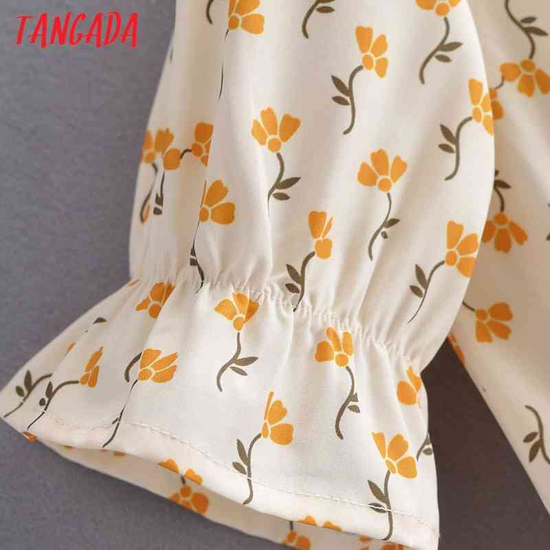 Summer Women Yellow Floral Print French Style Short Sleeve Ladies Midi Dress Vestidos 1F125 210416