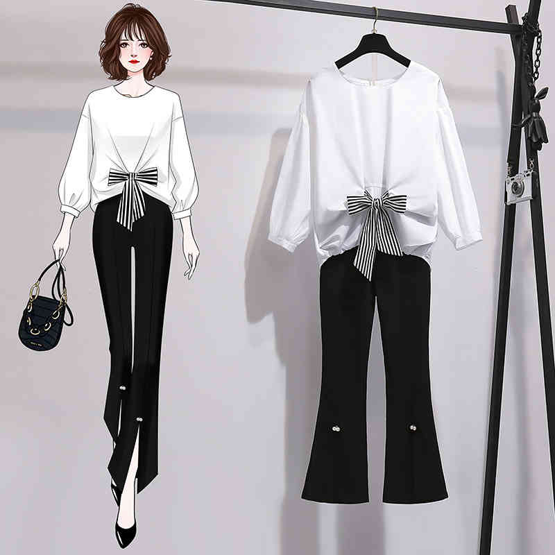 Spring Casual Two piece set Women O-neck Batwing sleeve Striped Bow Loose Shirt and Beaded Flare Pants Suits 210525, White
Spring Casual Two piece set Women O-neck Batwing sleeve Striped Bow Loose Shirt and Beaded Flare Pants Suits 210525, White