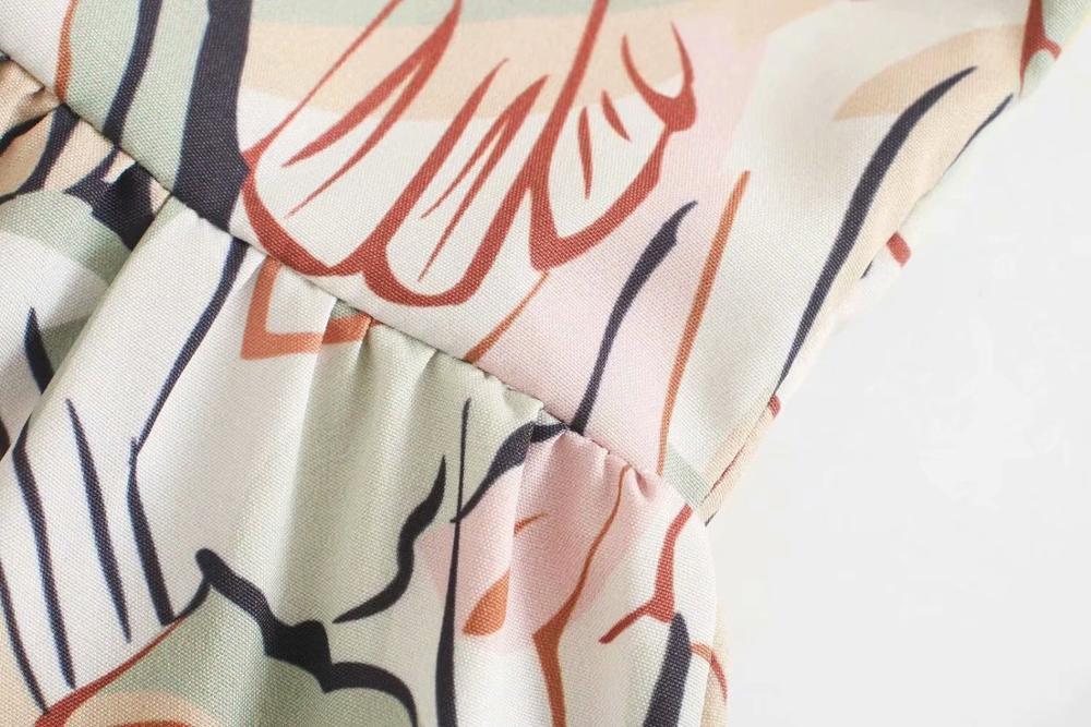 Lacing up V neck Contrast color Print Long Sleeve Dress Holiday Women Spliced Pleated Ruched Loose Dresses 210429