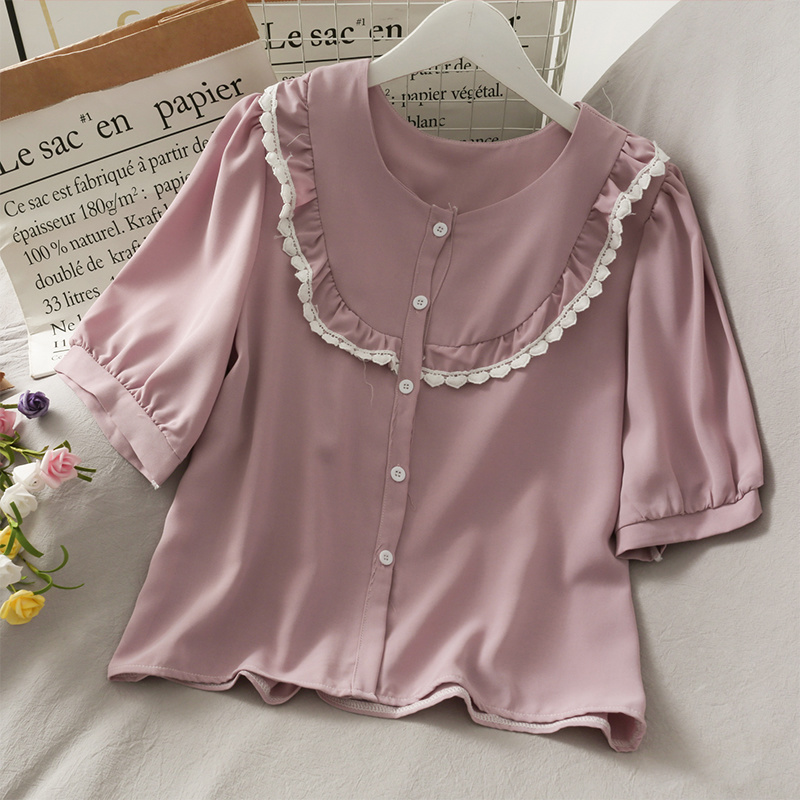 Kimutomo Chic Fungus Blouse Women Summer Color Matching Clothing Female O-neck Short Sleeve Single-breasted Top Casual 210521