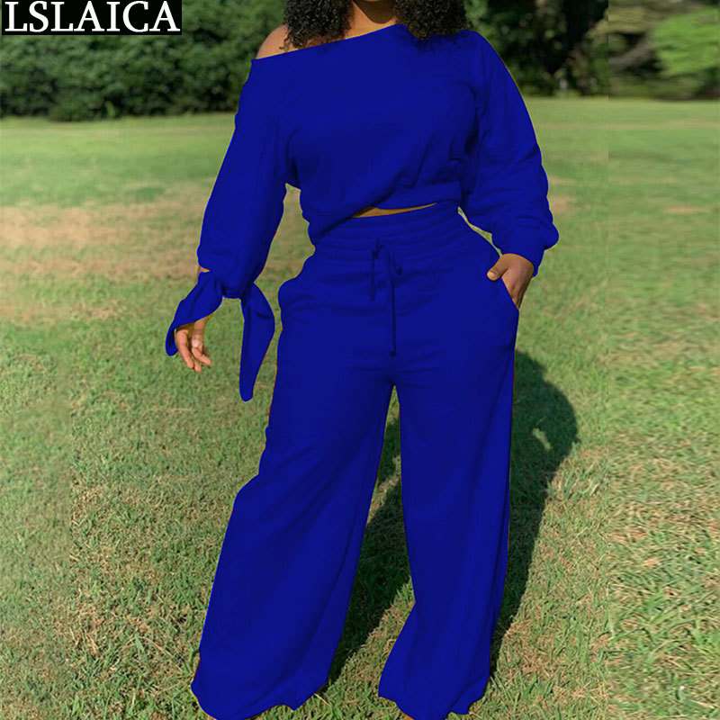 Two-piece Suit Fashion Plus Size Autumn Winter 2 Piece Set Women Outfit Lounge Wear Long Sleeve Crop Top Wide Leg Pants Sets 210515