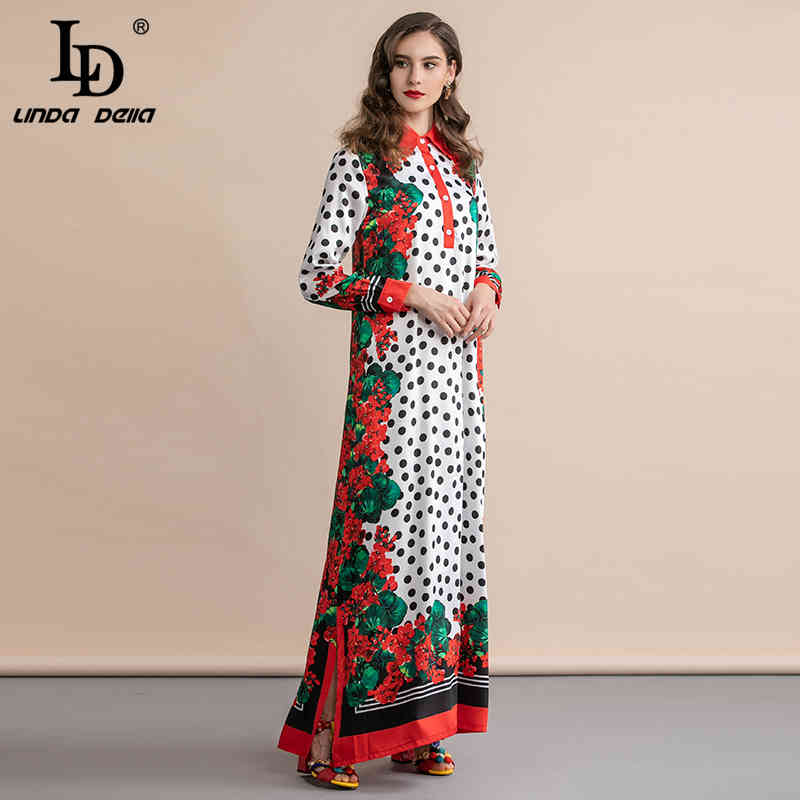 Summer Fashion Runway Maxi Dress Women's Long Sleeve Polka Dot Floral Print Elegant Vintage Plus size 210522