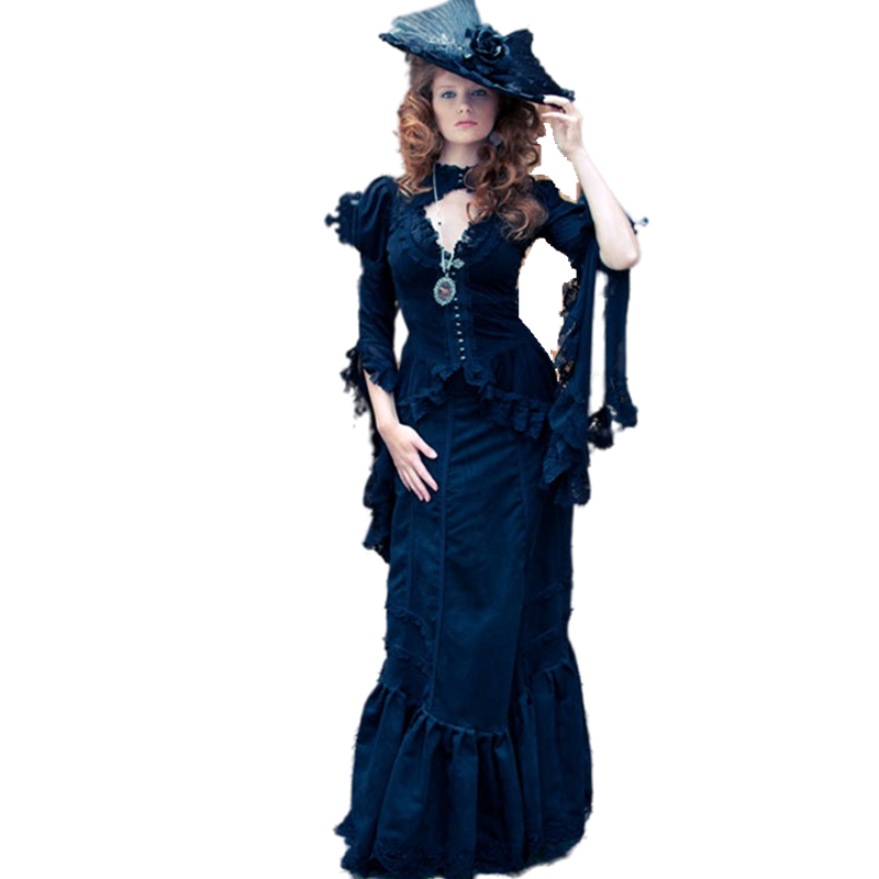 Vintage Victorian Black Mermaid Wedding Dresses Long Sleeve V-Neck Gothic Wedding Gowns Ruffles Floor Length Retro Bride Dress Vestidos de Novia 2022