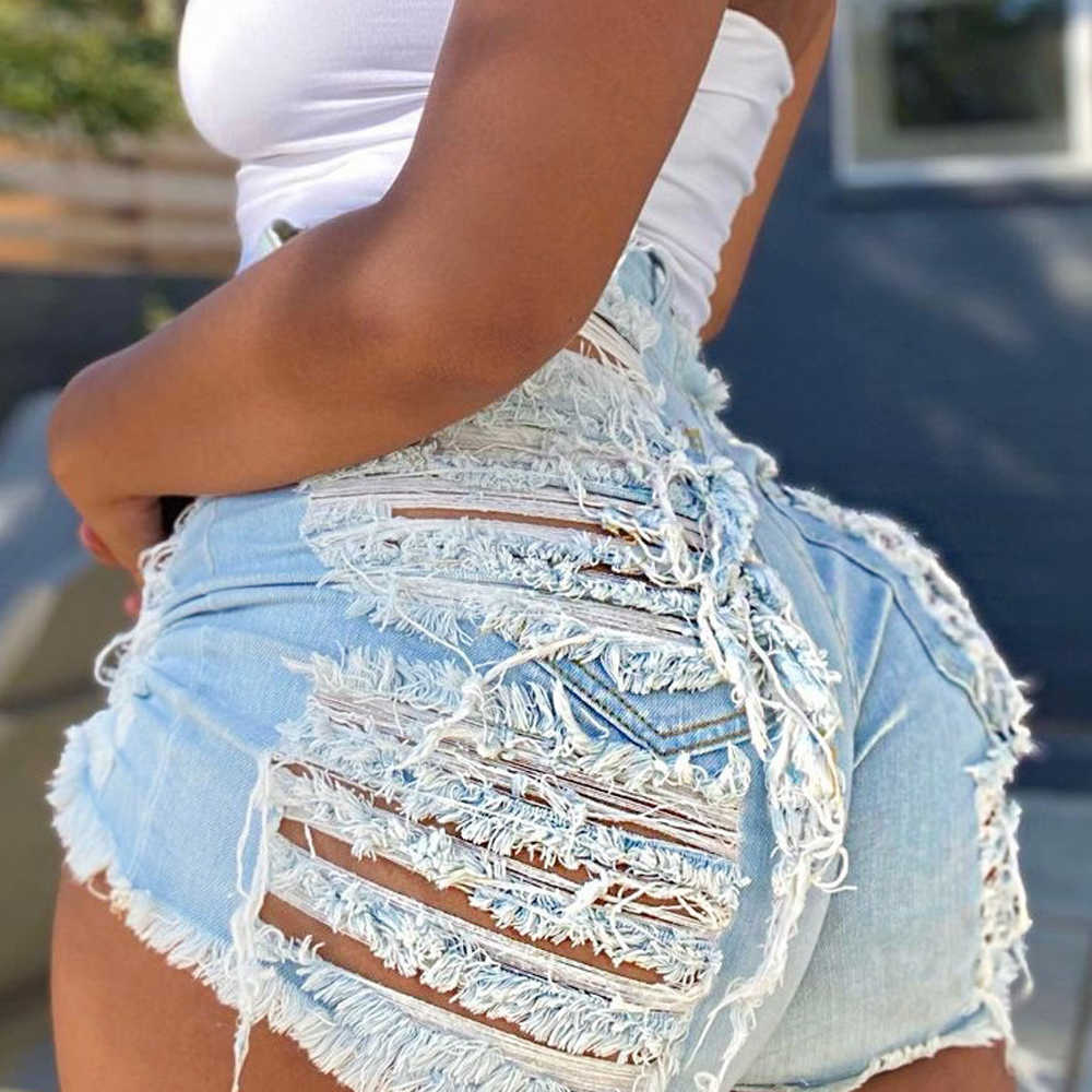 Plus Size Light Blue Ripped Cut Out Denim Shorts With Tassel Women Streetwear High Waist Hollow Out Sexy Hole Jean Shorts Female 210611