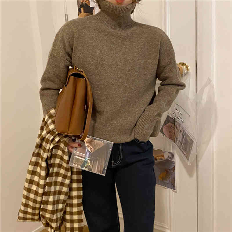 OL Basic Pullover Tops Soft Warm Bottoming Sweater Women Autumn Winter Elegant Turtleneck Knitted Sweaters 6 Colors 210421