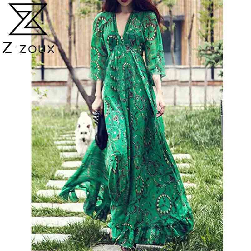 Women Dress V Neck Seven Sleeve Floral Printed Maxi es Temperament High Waist Long Vintage es Autumn 210513