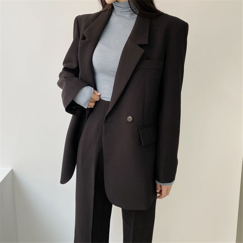 Black Chic Casual Femme Plus Size Elegance Women Blazers+ Straight Solid Pants Loose Suits Set 2 Piece Sets 210421