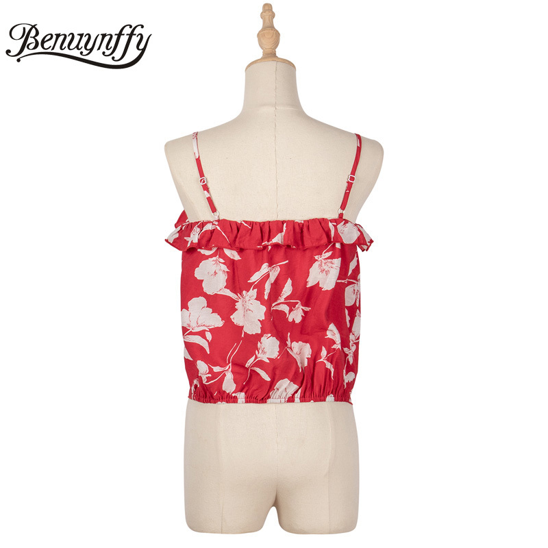 Button Front Ruffle Cami Top Women Summer Boho Holiday Style Print Sleeveless Tie Hem Tops Clothes for 210510